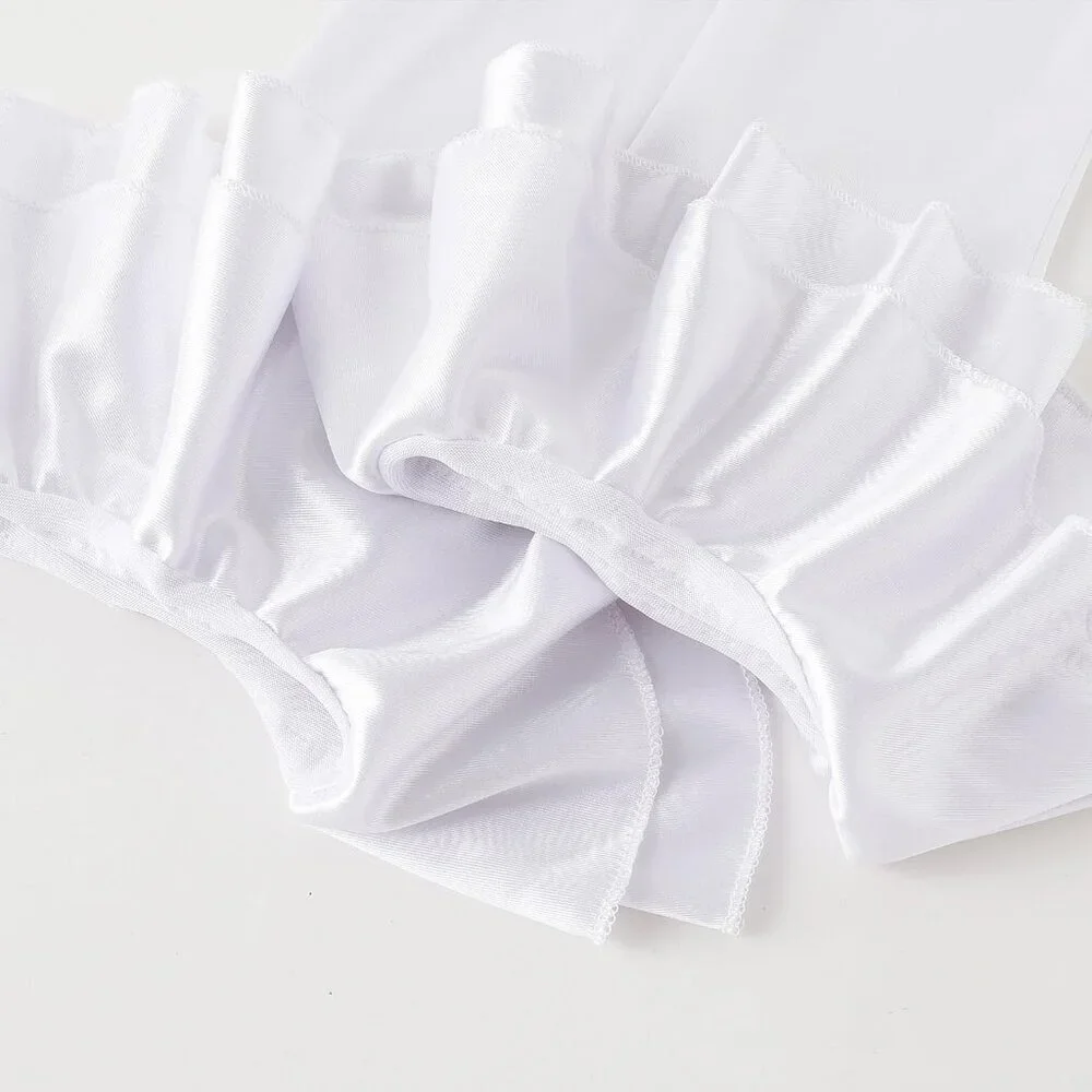 Women's White Long Satin Ruffle Cuff Stretchy Sleeves Gloves Wedding Costume